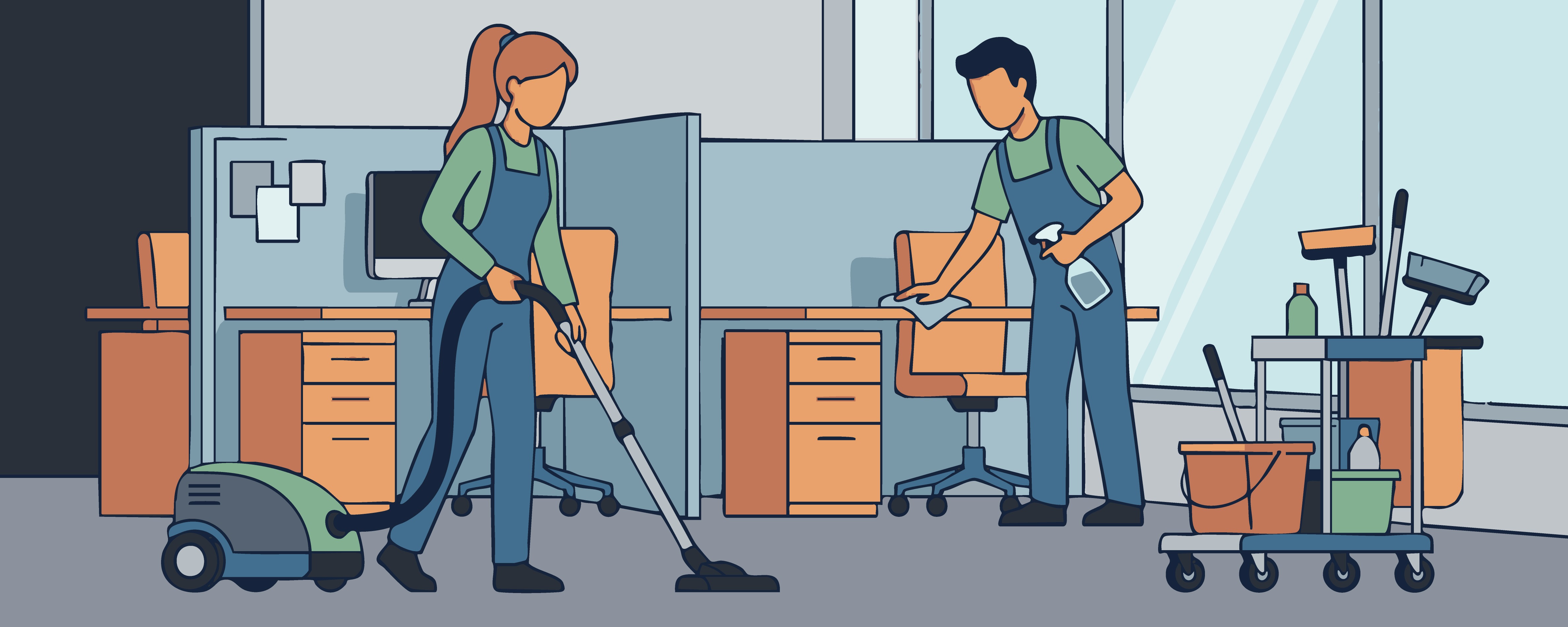 Mehrere Reinigungskräfte säubern Arbeitsplätze in einem modernen Büro.